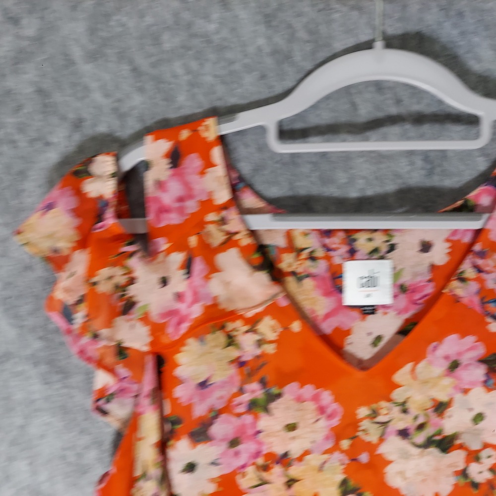 Cabi Women Top M Red Floral Boho Cold Shoulder Ruffle Flutter Sleeve Chiffon - Picture 3 of 12